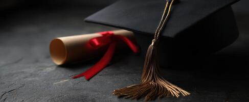 The graduation cap and diploma celebrating academic achievement and future success. photo