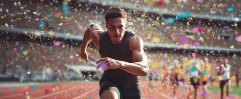 The athlete sprinting triumphantly through a colorful celebration at the finish line. photo