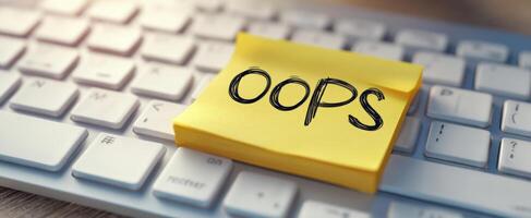 The yellow sticky note reading 'Oops' on a computer keyboard indicating an error. photo