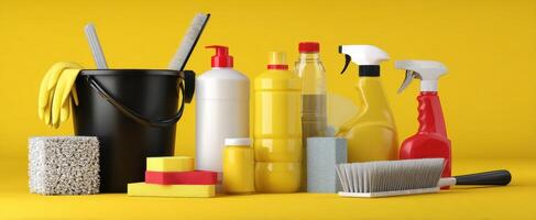 The vibrant collection of cleaning supplies on a bright yellow background. photo