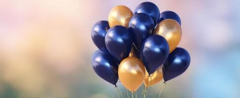 The vibrant cluster of blue and gold balloons floating joyfully in the air. photo