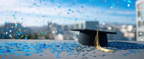 The graduation cap surrounded by colorful confetti against a bright backdrop. photo