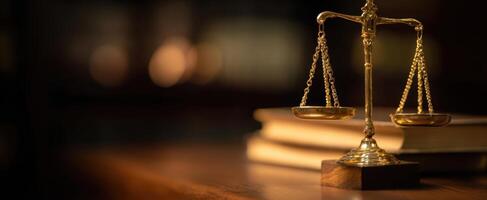 The elegant golden scales of justice on a wooden desk with books. photo