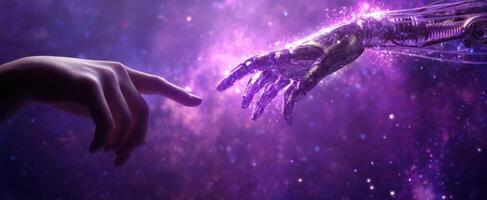 The interaction between a human hand and a robotic hand in a cosmic scene. photo