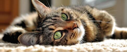 The adorable cat enjoying a sunny afternoon on a cozy rug. photo
