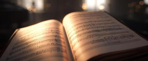 The beautifully illuminated sheet music book resting on a piano. photo