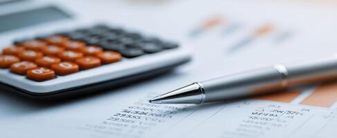 The calculator and pen essential for financial analysis and budgeting tasks. photo