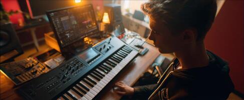 The young musician explores creativity in a modern music studio environment. photo