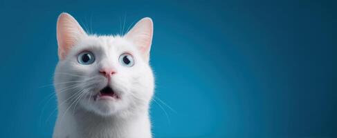 The surprised white cat with expressive blue eyes against a vibrant background photo