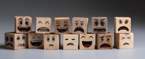 The collection of wooden blocks showcasing various expressive emotions and faces. photo