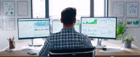 The Analyst Engaged in Data Visualization with Multiple Monitors in a Modern Office photo