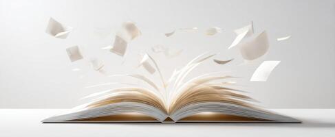 The open book with flying pages symbolizes imagination and creativity. photo