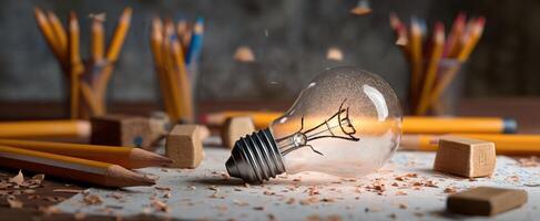 The creative lightbulb surrounded by pencils and shavings on a rustic workspace. photo
