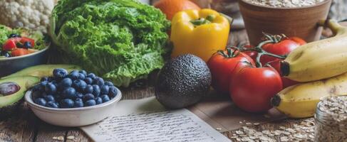 The vibrant assortment of healthy ingredients on a rustic wooden table. photo
