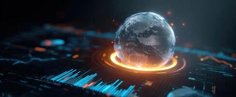 The Futuristic Globe Surrounded by Dynamic Data Visualizations and Energy. photo