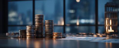 The coins stacked high representing financial growth and investment potential. photo