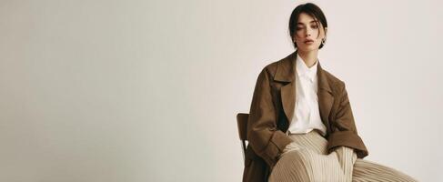 The elegant model styled in a contemporary outfit sitting gracefully in a minimalist space. photo