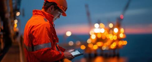 The oil worker using a tablet on an offshore platform at sunset. photo