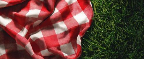 The cozy picnic blanket resting on green grass under the sunlight. photo