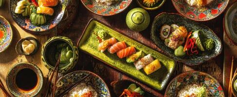 The vibrant assortment of sushi showcased on an ornate dining table. photo