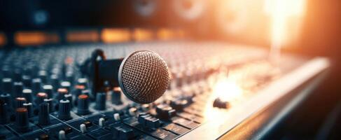 The microphone prominently placed on a professional audio mixing console in a studio setting. photo