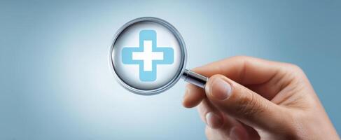 The hand holding a magnifying glass over a medical cross symbol. photo
