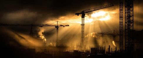 The Construction Site Illuminated by Dramatic Sunset and Cranes photo