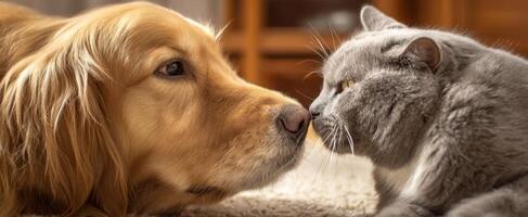 The adorable moment of a dog and cat sharing a close bond. photo