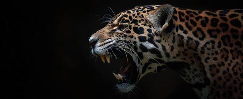 The jaguar roaring in the dark jungle with fierce expression. photo