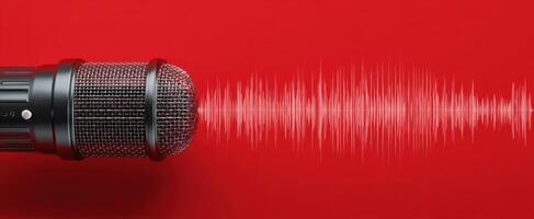 The Microphone Capturing Sound Waves on a Vibrant Red Background photo