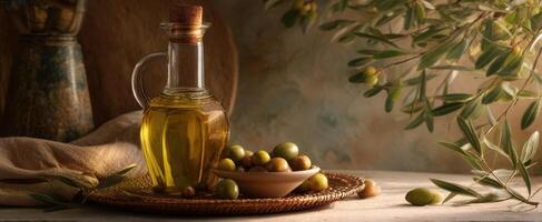 The elegant glass bottle of olive oil surrounded by fresh olives and greenery. photo