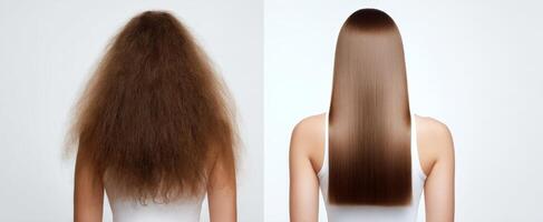 The transformation of hair from frizzy to sleek and shiny in a stunning comparison. photo