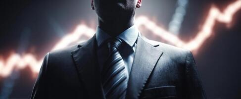 The businessman stands confidently with a rising graph in the background. photo
