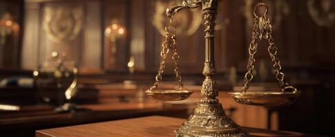The Elegant Scales of Justice in a Classic Courtroom Setting photo