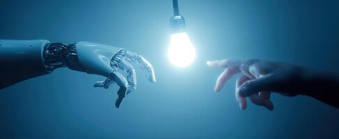 The robot hand reaching towards a human hand under glowing light. photo