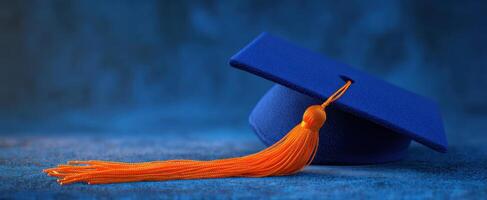 The graduation cap showcasing blue color and orange tassel on a textured background. photo