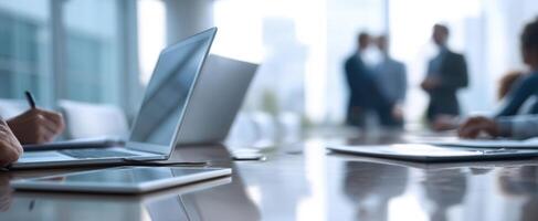 The engaging business meeting with professionals collaborating over technology and strategy. photo