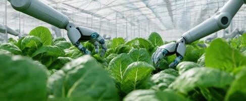 The robotic hands enhancing lettuce growth in a high-tech greenhouse. photo