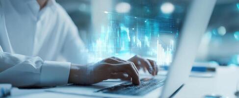 The professional working on a laptop with digital data visualization and analytics photo