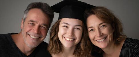 The joyful graduation celebration of a young woman with her proud parents. photo