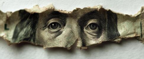 The close-up view of a torn dollar bill revealing Benjamin Franklin's eyes. photo
