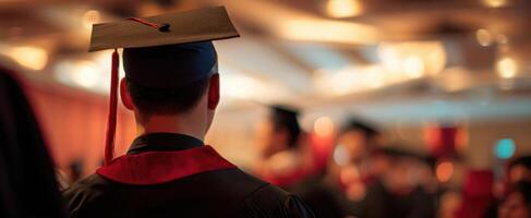 The graduate wearing a cap and gown celebrating academic achievement at a ceremony. photo