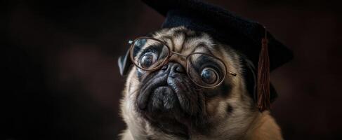 The adorable pug wearing a graduation cap and glasses exudes charm and intelligence. photo