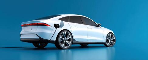 The electric car charging against a vibrant blue backdrop showcasing modern design. photo
