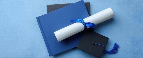 The elegant graduation essentials featuring a diploma, books, and cap. photo