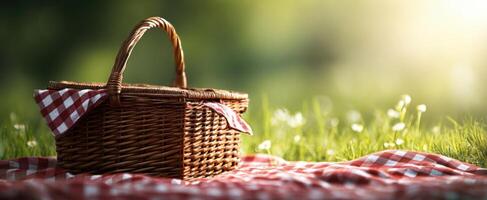 The rustic picnic basket on a sunny grassy blanket in a serene outdoor setting. photo
