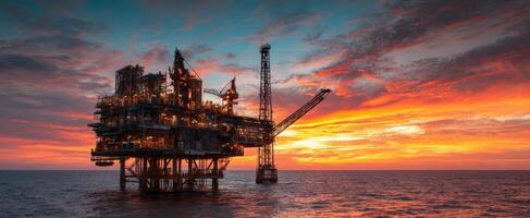 The magnificent offshore oil rig illuminated by a stunning sunset over the ocean. photo