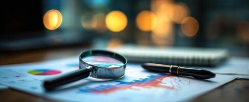 The magnifying glass examining financial data on a desk surface. photo