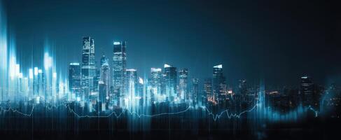 The skyline highlighting digital technology and modern architecture at night photo