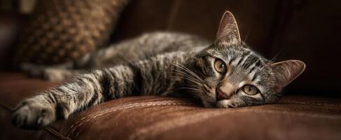 The cat lounging comfortably on a leather sofa with a relaxed expression. photo